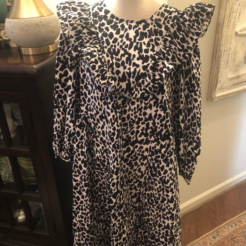 Sandy Liang Midi Dress NWT Spotted Leopard Sz Medium Ruffles Tiered